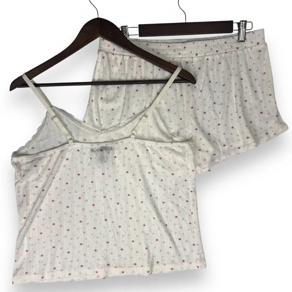 Nanette Lepore Pajama‎ Set Cami Top Shorts Lingerie Sleepwear White Pink Dot L